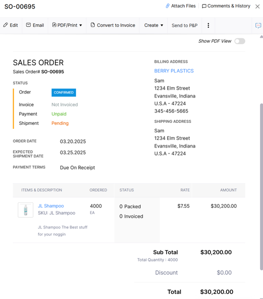 Zoho Books Sales Order example showing confirmed order details